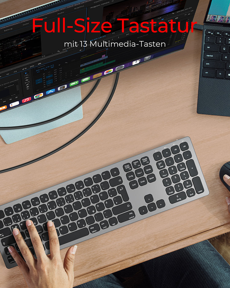 KeySonic KSK-8023BTRF (DE), Full-Size Aluminium Tastatur, Bluetooth® & RF, für Windows® und macOS®, anthrazit/schwarz