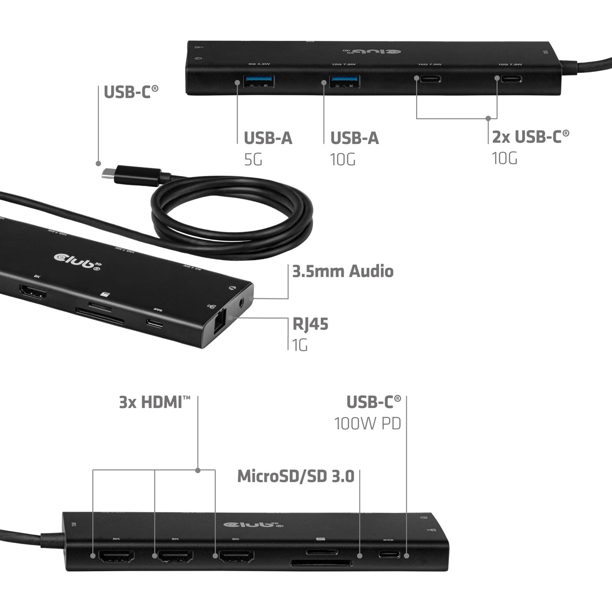 CLUB3D 12-in-1 USB-C® auf Triple HDMI™ Hub DP2.1 PD3.0 100W 1m