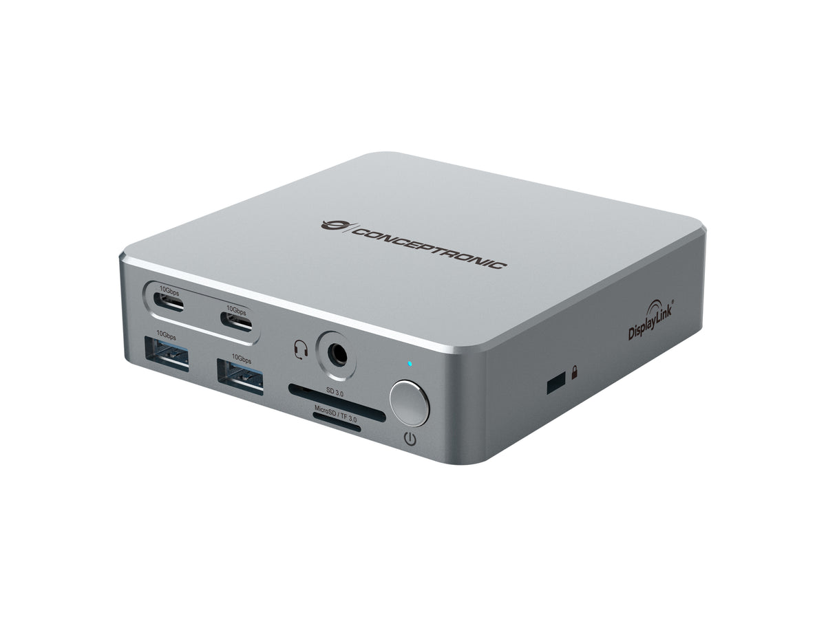 Conceptronic DONN25G 15-in-1 DisplayLink USB 3.2 Gen 2 Dockingstation, 4K60Hz Triple-Display, HDMI x 2, DisplayPort, USB-C 10 Gbit/s x 2, USB-A 10 Gbit/s x 2, USB-A 5 Gbit/s x 2, SD, TF/MicroSD, GbE, Audio, DC-Eingang, Sicherheitssteckplatz, PD 3,0