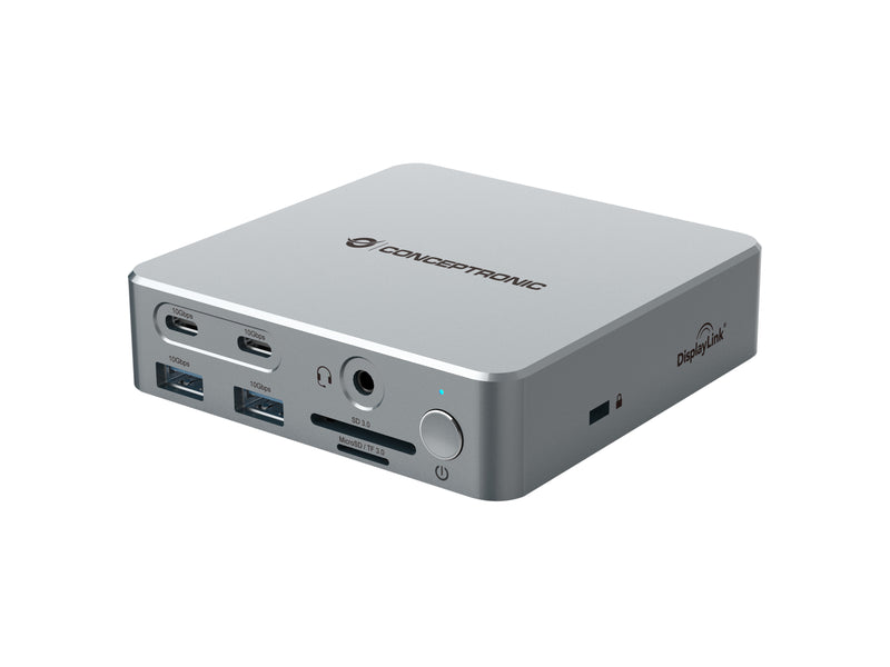 Conceptronic DONN25G 15-in-1 DisplayLink USB 3.2 Gen 2 Dockingstation, 4K60Hz Triple-Display, HDMI x 2, DisplayPort, USB-C 10 Gbit/s x 2, USB-A 10 Gbit/s x 2, USB-A 5 Gbit/s x 2, SD, TF/MicroSD, GbE, Audio, DC-Eingang, Sicherheitssteckplatz, PD 3,0