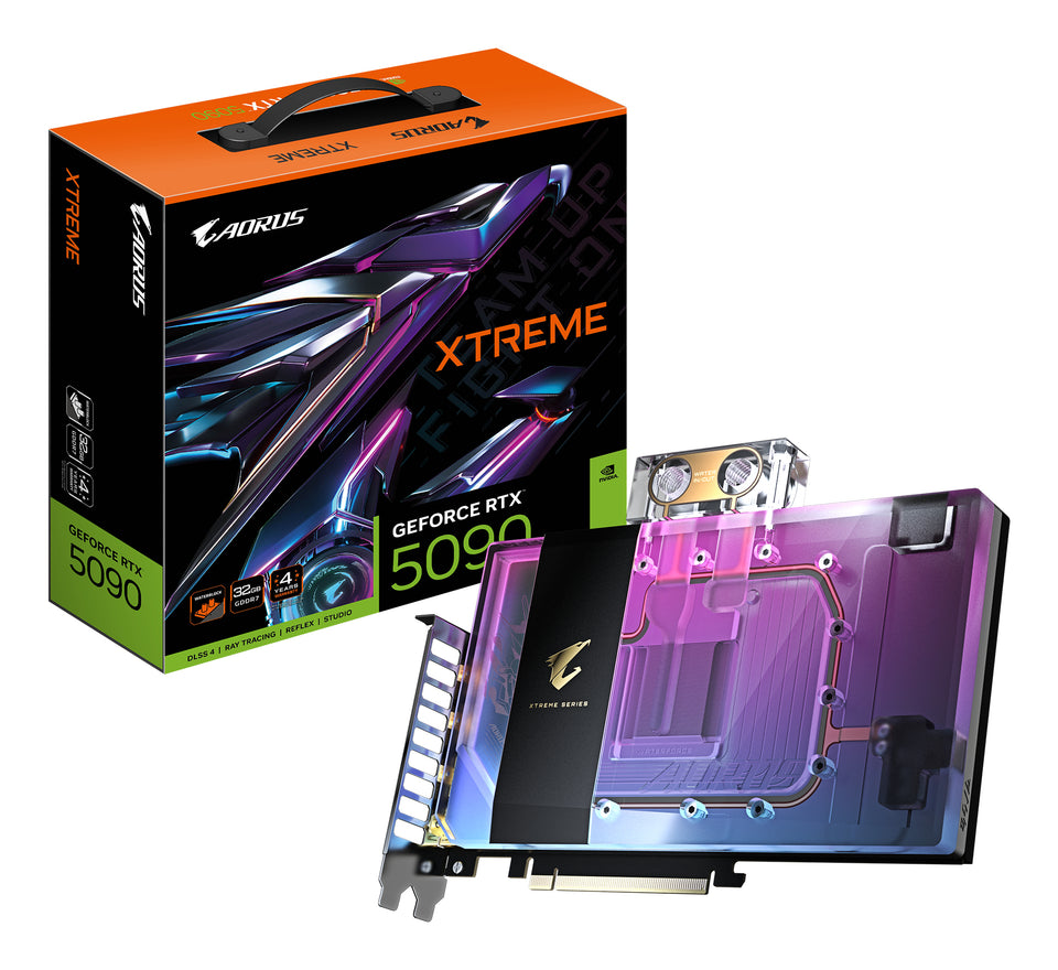 Carte graphique GIGABYTE AORUS GeForce RTX 5090 XTREME WATERFORCE WB 32G - 32 Go GDDR7, 512 bits, PCI-E 5.0, fréquence d'horloge 2655 MHz, 3 x DP 2.1a, 1 x HDMI 2.1b, NVIDIA DLSS 4, GV-N5090AORUSX WB-32GD