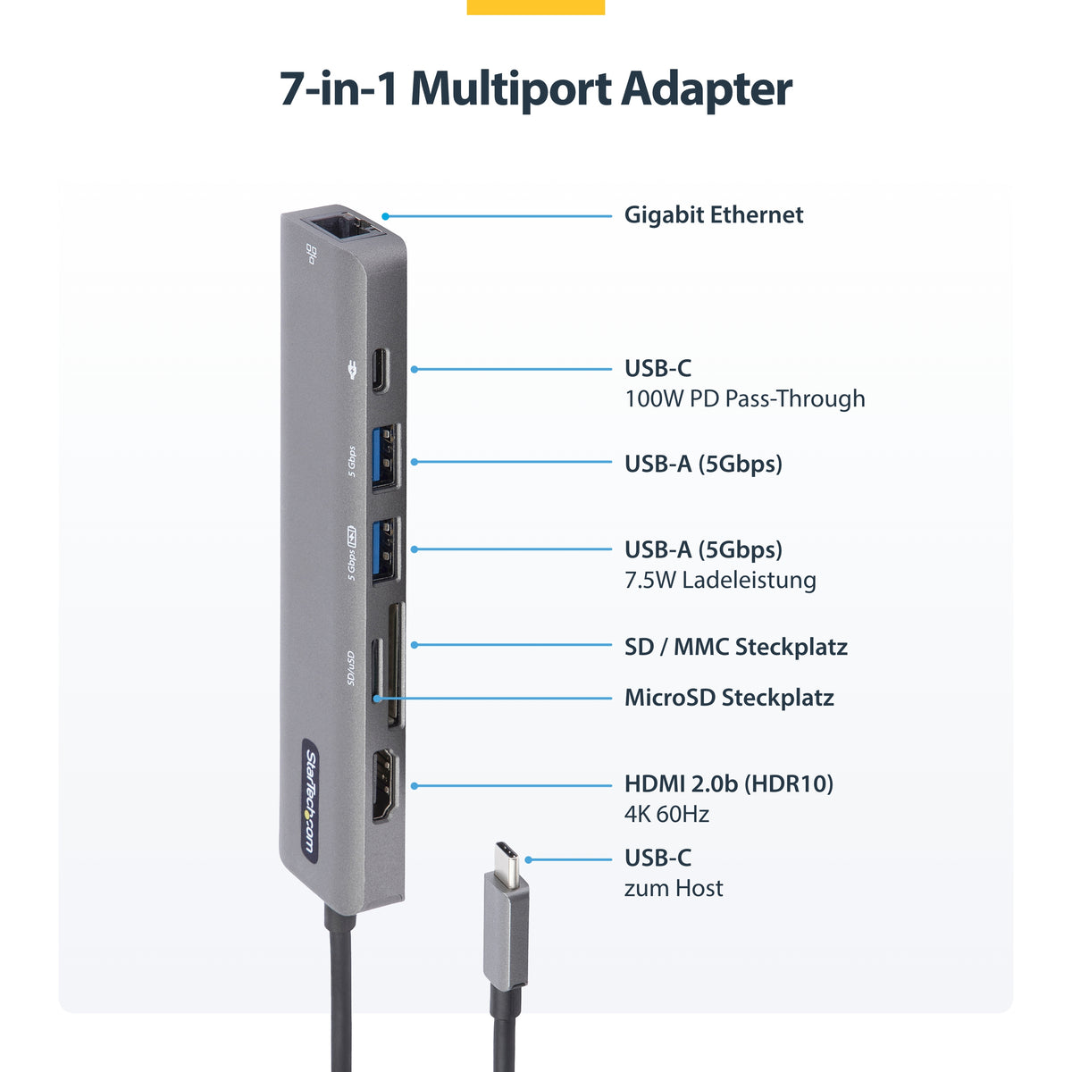 StarTech.com USB-C Multiport Adapter - USB-C auf 4K 60Hz HDMI 2.0, 100W Power Delivery Pass-through, SD/MicroSD, 2 Port USB 3.0 Hub, GbE - USB-C Mini Dock - 30cm langes angeschlossenes Kabel