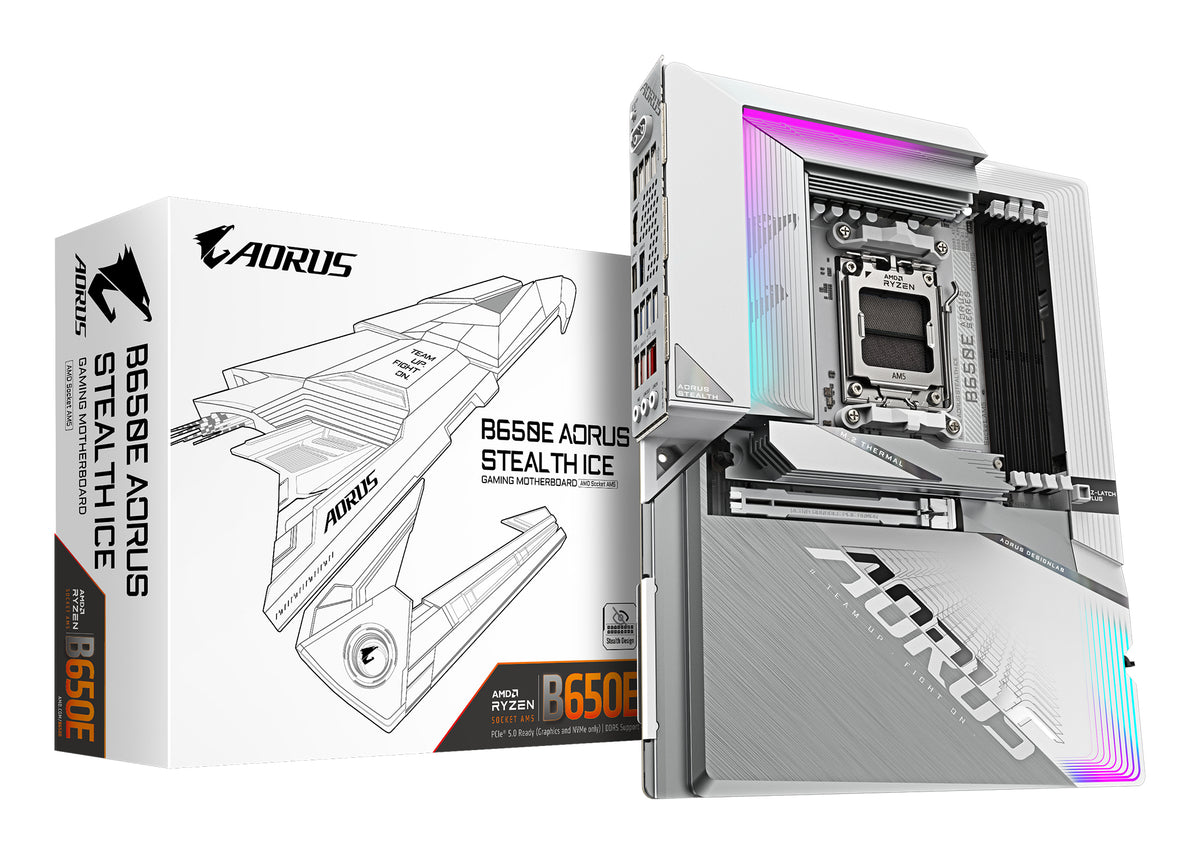 GIGABYTE B650E AORUS STEALTH ICE Mainboard - AMD Ryzen 9000er-Serie, 12+2+2 Phasen VRM, bis zu 8000 MHz DDR5 (OC), 1xPCIe 5.0 + 2xPCIe 4.0 M.2, 2,5 GbE LAN, WIFI 7, USB 3.2 Gen 2x2
