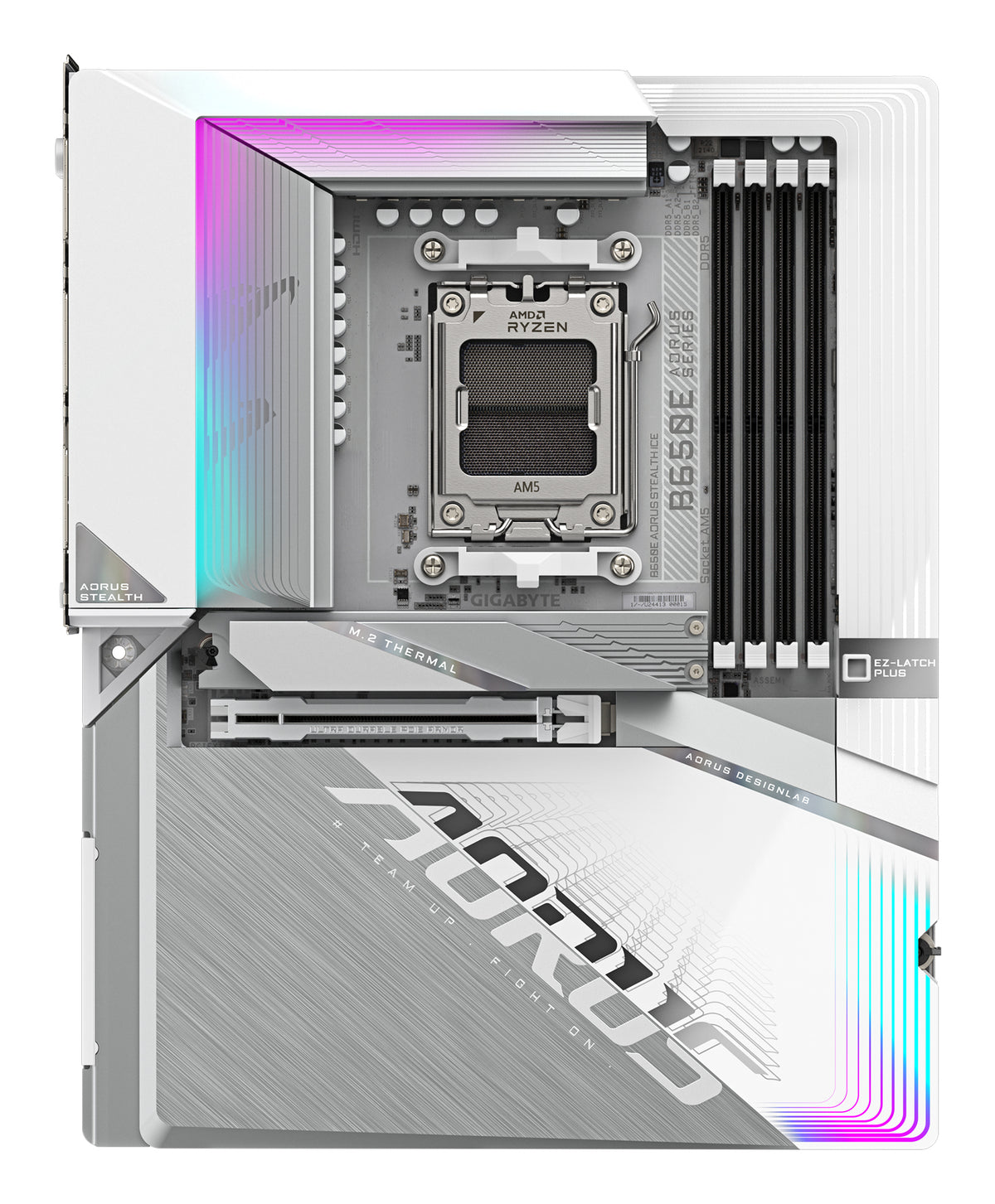 GIGABYTE B650E AORUS STEALTH ICE Mainboard - AMD Ryzen 9000er-Serie, 12+2+2 Phasen VRM, bis zu 8000 MHz DDR5 (OC), 1xPCIe 5.0 + 2xPCIe 4.0 M.2, 2,5 GbE LAN, WIFI 7, USB 3.2 Gen 2x2