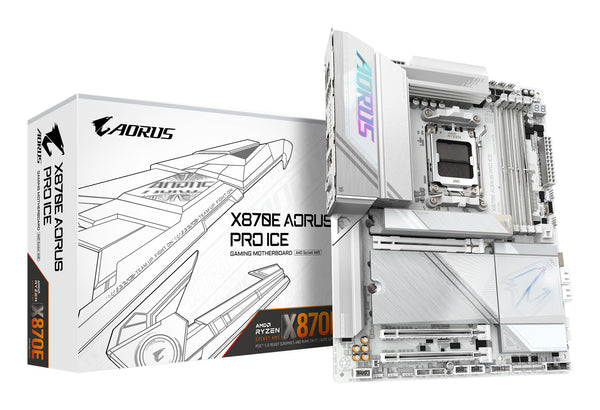 Carte mère GIGABYTE X870E AORUS PRO ICE - Prend en charge les processeurs AMD Ryzen 9000, VRM numérique 16+2+2 phases, jusqu'à 8000 MHz DDR5 (OC), 3xPCIe 5.0 + 1xPCIe 4.0, Wi-Fi 7, LAN 2,5 GbE, USB 4