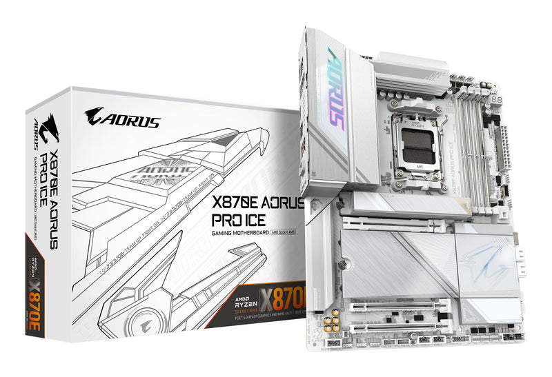 GIGABYTE X870E AORUS PRO ICE Motherboard - Unterstützt AMD Ryzen 9000 CPUs, 16+2+2 Phasen Digital VRM, bis zu 8000MHz DDR5 (OC), 3xPCIe 5.0 + 1xPCIe 4.0, Wi-Fi 7, 2.5GbE LAN, USB 4