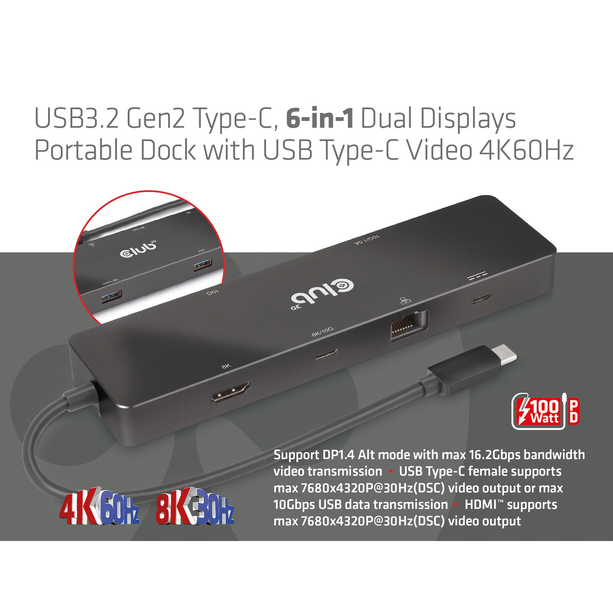 CLUB3D 6-in-1 USB3.2 Gen2 Typ-C Dual Displays Portable Dock mit USB Typ-C Video 4K60Hz