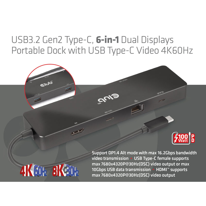 CLUB3D 6-in-1 USB3.2 Gen2 Typ-C Dual Displays Portable Dock mit USB Typ-C Video 4K60Hz