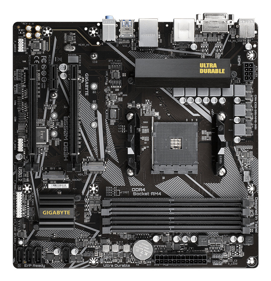 GIGABYTE B550M DS3H Mainboard – AMD Ryzen 5000 CPUs, 5+3 Phasen VRM, bis zu 4733 MHz DDR4, 1xPCIe 4.0 + 1xPCIe 3.0 M.2, 1GbE LAN, USB 3.2 Gen 1