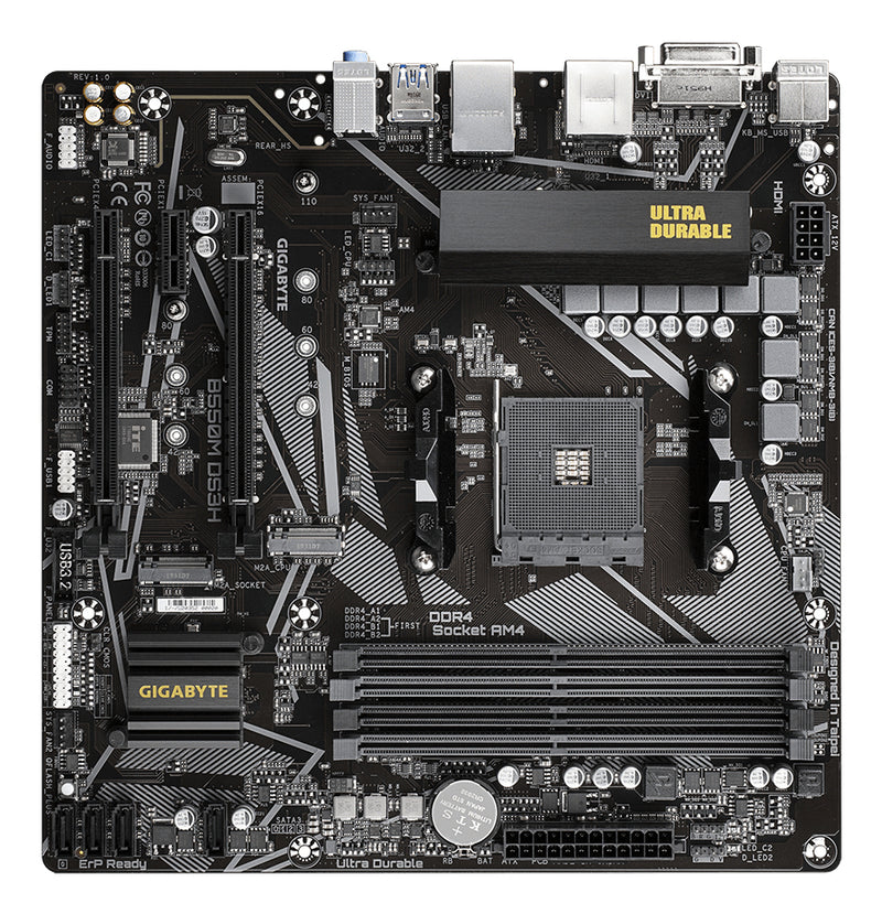 GIGABYTE B550M DS3H Mainboard – AMD Ryzen 5000 CPUs, 5+3 Phasen VRM, bis zu 4733 MHz DDR4, 1xPCIe 4.0 + 1xPCIe 3.0 M.2, 1GbE LAN, USB 3.2 Gen 1