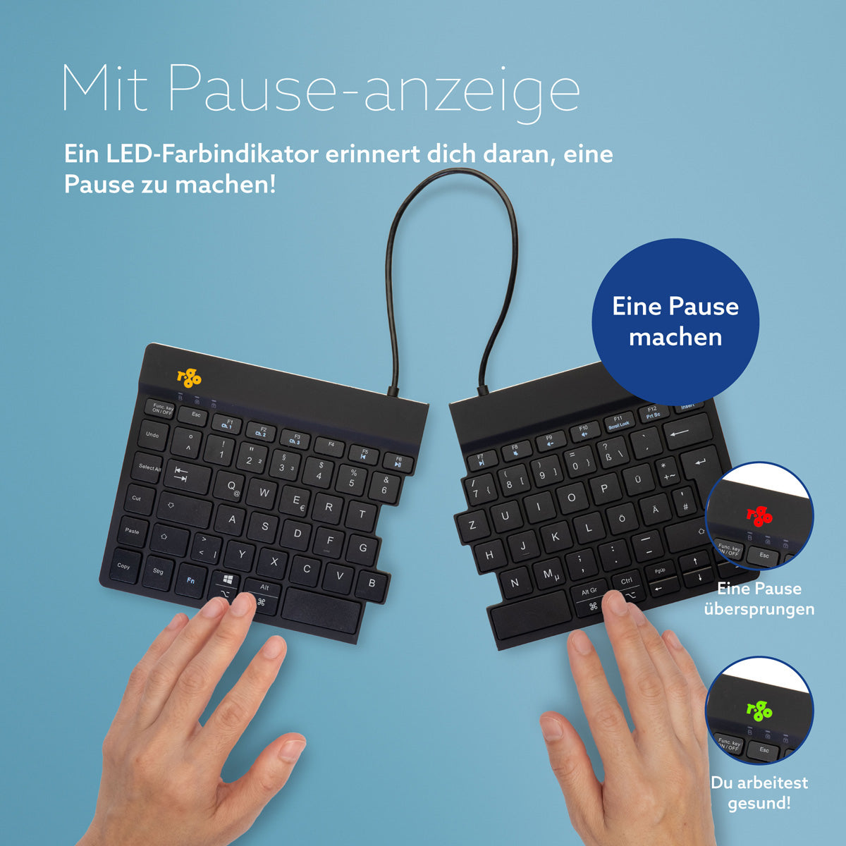 R-Go Tools Ergonomische Tastatur R-Go Split Break mit Pausensoftware, geteilte Tastatur, QWERTZ (DE), kabellos, schwarz
