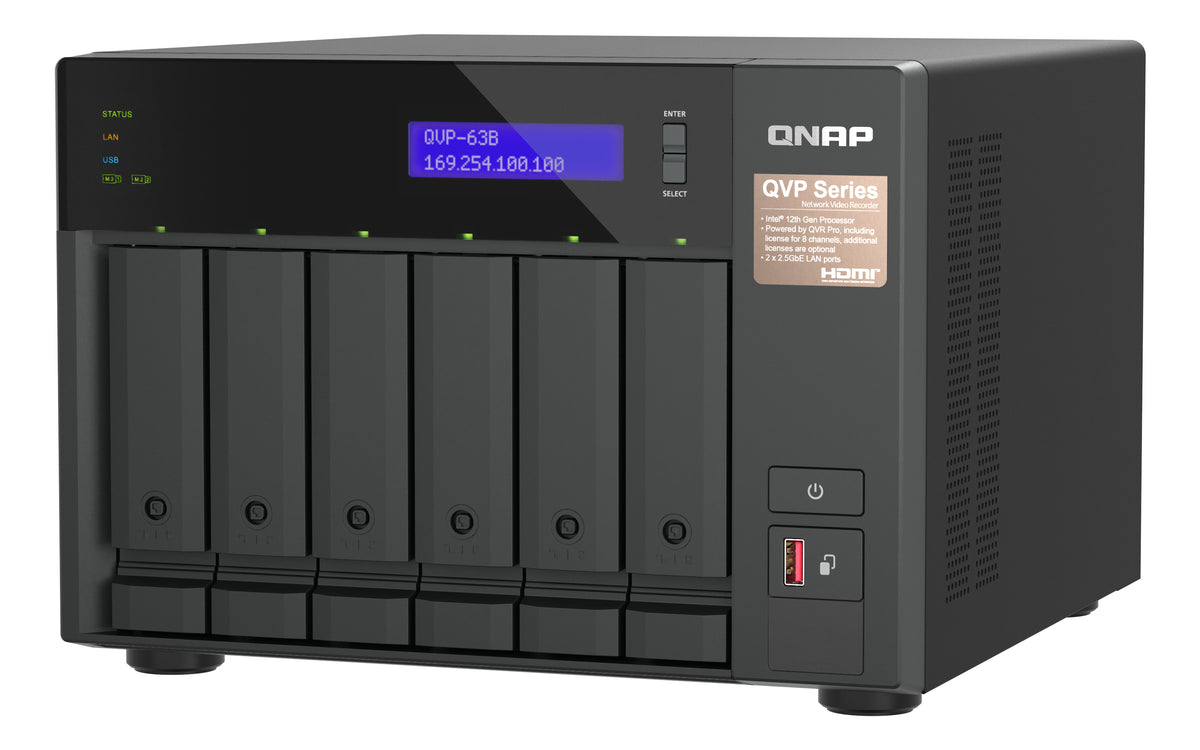 QNAP QVP-63B NAS & Serveur de stockage Tour Intel® Core™ i3 16 Go DDR4 0 To Noir