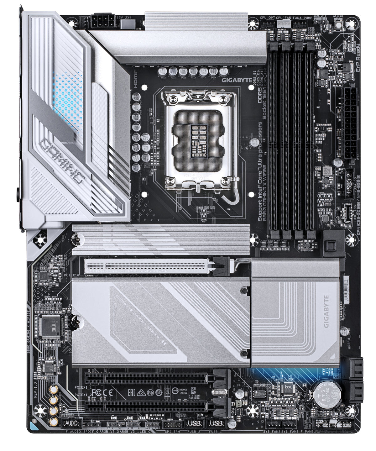 GIGABYTE B860 GAMING X WIFI6E Mainboard - Intel Core Ultra CPUs, 12+1+2+1 Phasen VRM, bis zu 9066MHz DDR5, 1xPCIe 5.0 + 2xPCIe 4.0 M.2, 2,5 GbE LAN, WIFI 6E, USB4