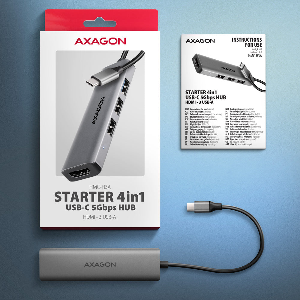 Axagon HMC-H3A USB 5Gbps hub, 3x USB-A, HDMI 4k/30Hz, 15cm USB-C Kabel