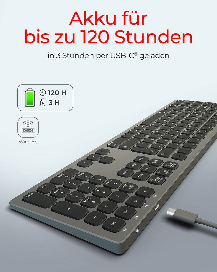 KeySonic KSK-8023BTRF (DE), Full-Size Aluminium Tastatur, Bluetooth® & RF, für Windows® und macOS®, anthrazit/schwarz
