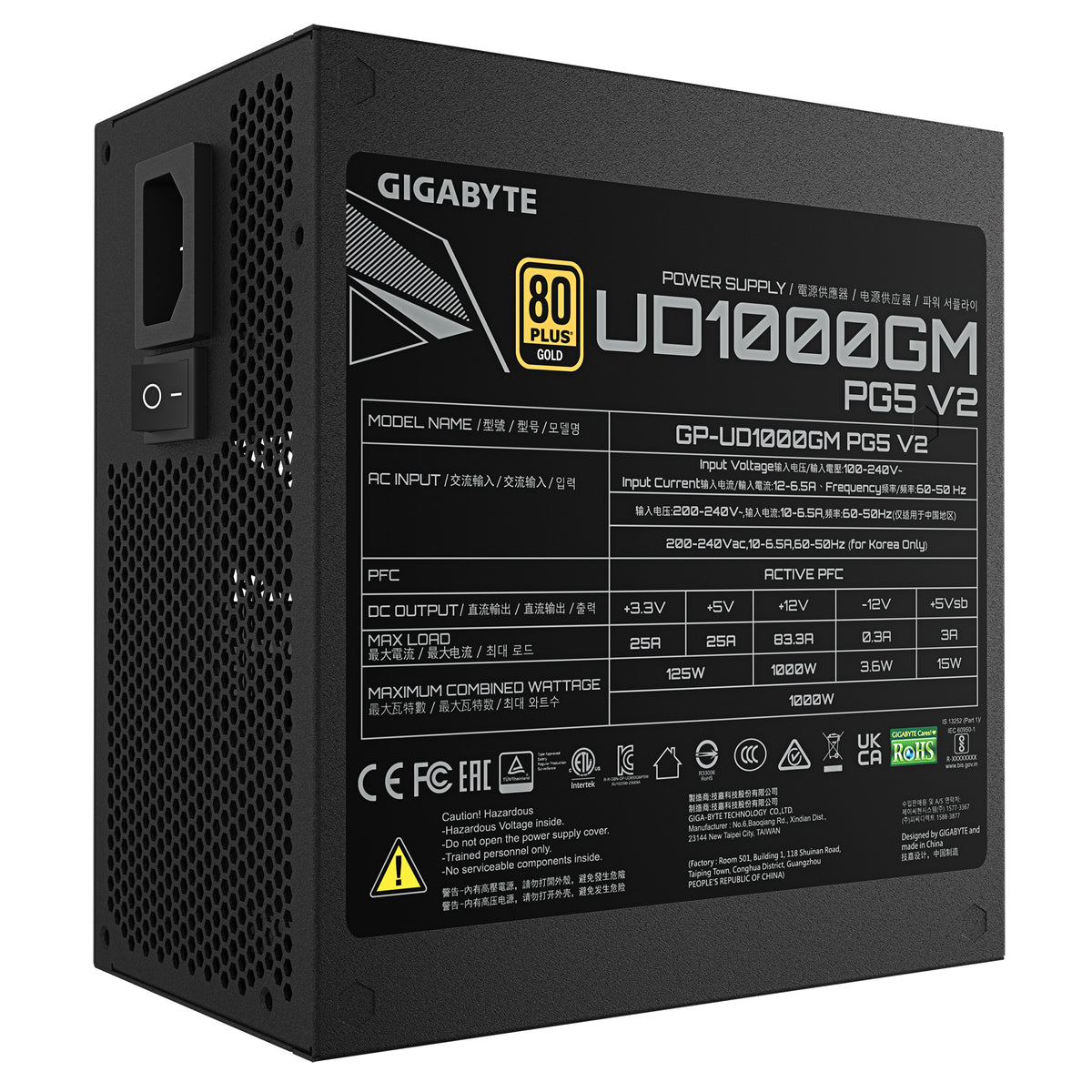 GIGABYTE UD1000GM PG5 V2 Netzteil – PCIe Gen 5.1, 80 PLUS Gold, Vollmodulares Design, 120-mm-Lüfter, ATX 3.1-kompatibel, EU-Stecker