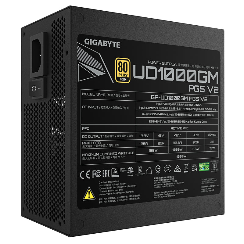 GIGABYTE UD1000GM PG5 V2 Netzteil – PCIe Gen 5.1, 80 PLUS Gold, Vollmodulares Design, 120-mm-Lüfter, ATX 3.1-kompatibel, EU-Stecker