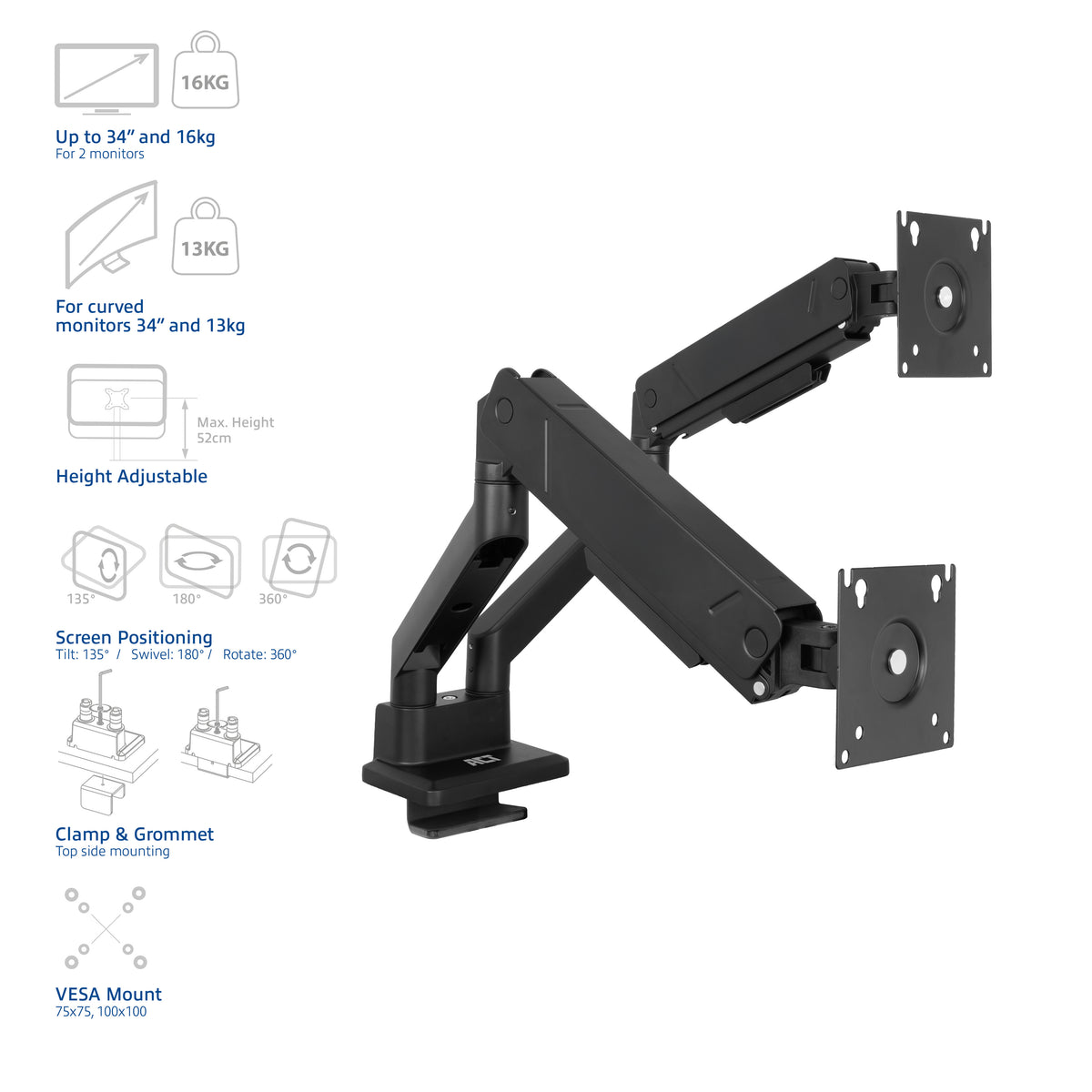 ACT Monitor-Tischhalterung mit Gasdruckfeder, 2 Bildschirme bis zu 32", VESA