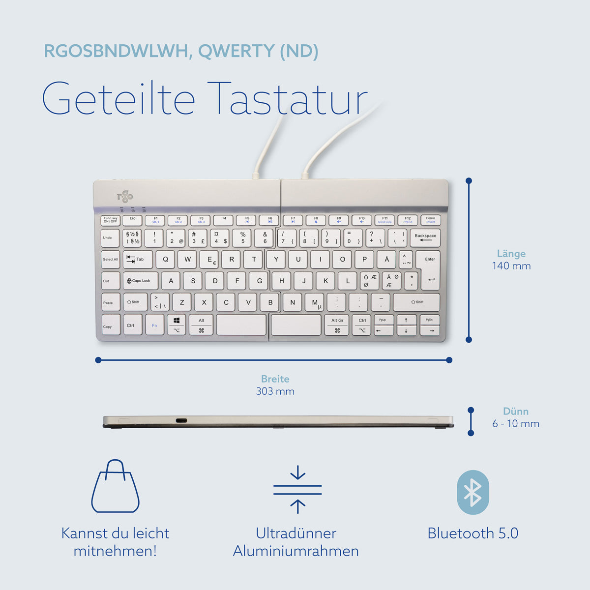 R-Go Tools Ergonomische Tastatur R-Go Split Break mit Pausensoftware, geteilte Tastatur, QWERTY (NORDIC), kabellos, weiß