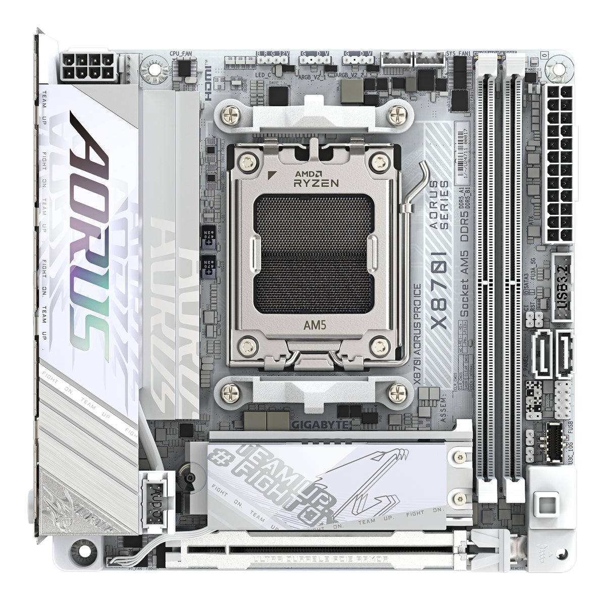 GIGABYTE X870I AORUS PRO ICE Mainboard - Unterstützt AMD Ryzen 9000er-Serie CPUs, 8+2+1 Phasen VRM, bis zu 8400 MHz DDR5 (OC), 1xPCIe 5.0 M.2 + 1xPCIe 4.0 M.2, WI-FI 7, 2,5 GbE LAN, USB 4