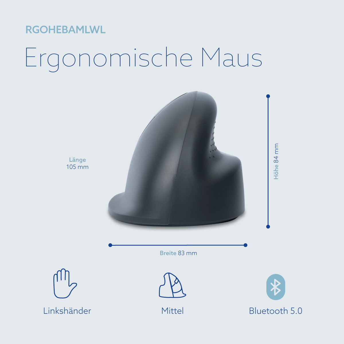R-Go Tools Vertikale Maus R-Go HE Basic, ergonomische Maus, mittel (Handlänge 165–185 mm), für Linkshänder, Bluetooth