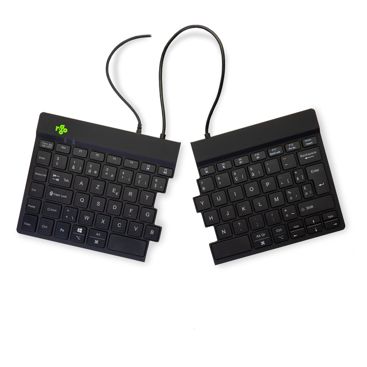 R-Go Tools Ergonomische Tastatur R-Go Split Break v2 mit Pausensoftware, geteilte Tastatur, AZERTY (BE), Kabelgebunden, Schwarz