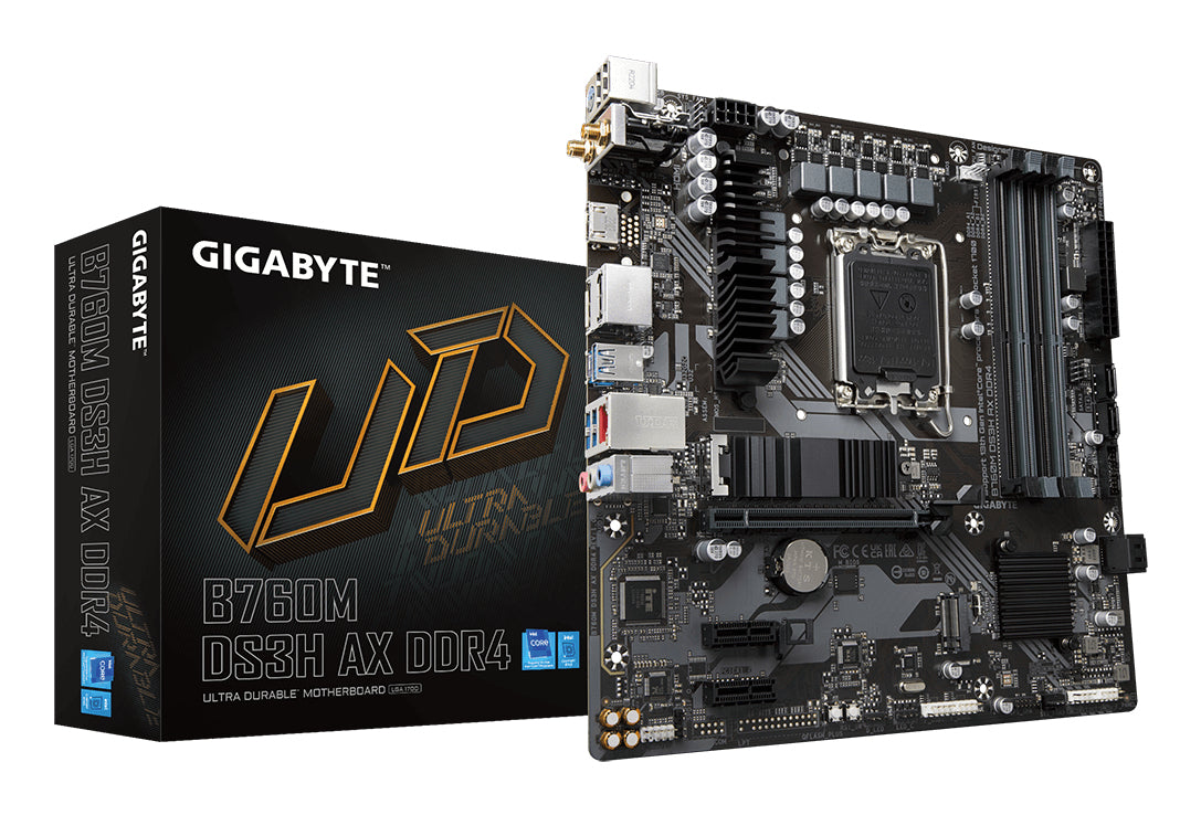 GIGABYTE B760M DS3H AX DDR4 Motherboard - Unterstützt Intel Core 14. Generation CPUs, 6+2+1 Phasen Digital VRM, bis zu 5333MHz DDR4 (OC), 2xPCIe 4.0 M.2, Wi-Fi 6E, 2.5GbE LAN, USB 3.2 Gen2