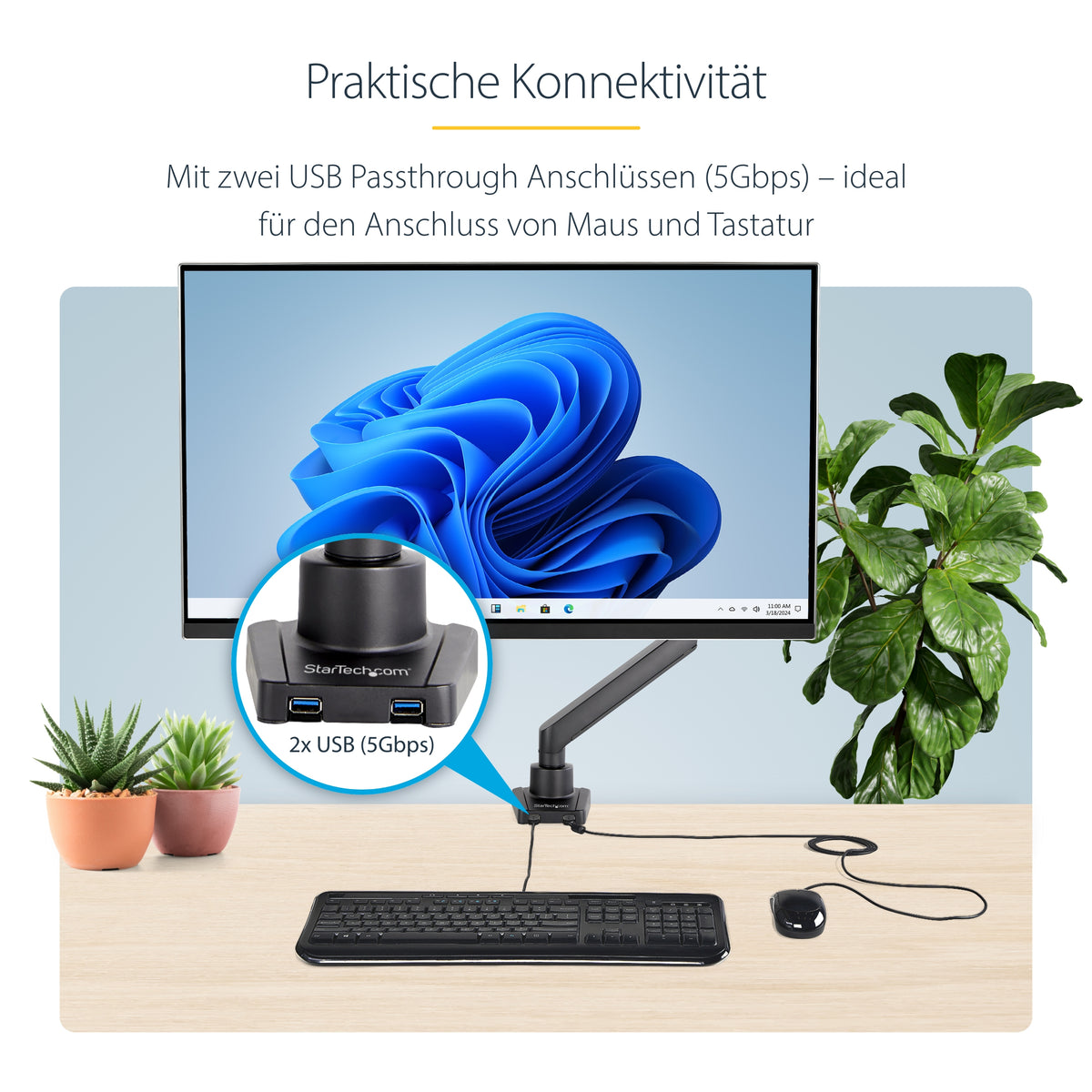 StarTech.com Tisch Monitorarm mit 2x USB 3.0 Ports, Vollbewegliche Monitorhalterung mit Federarm für VESA Monitore bis zu 34 Zoll (8kg), C-Klemme/Durchführung