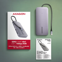 Axagon HMC-6GM2 USB 10Gbps hub USB-A USB-C HDMI M.2 SD/mSD PD 100W USB-C Kabelgebunden USB 3.2 Gen 2 (3.1 Gen 2) Type-C Grau