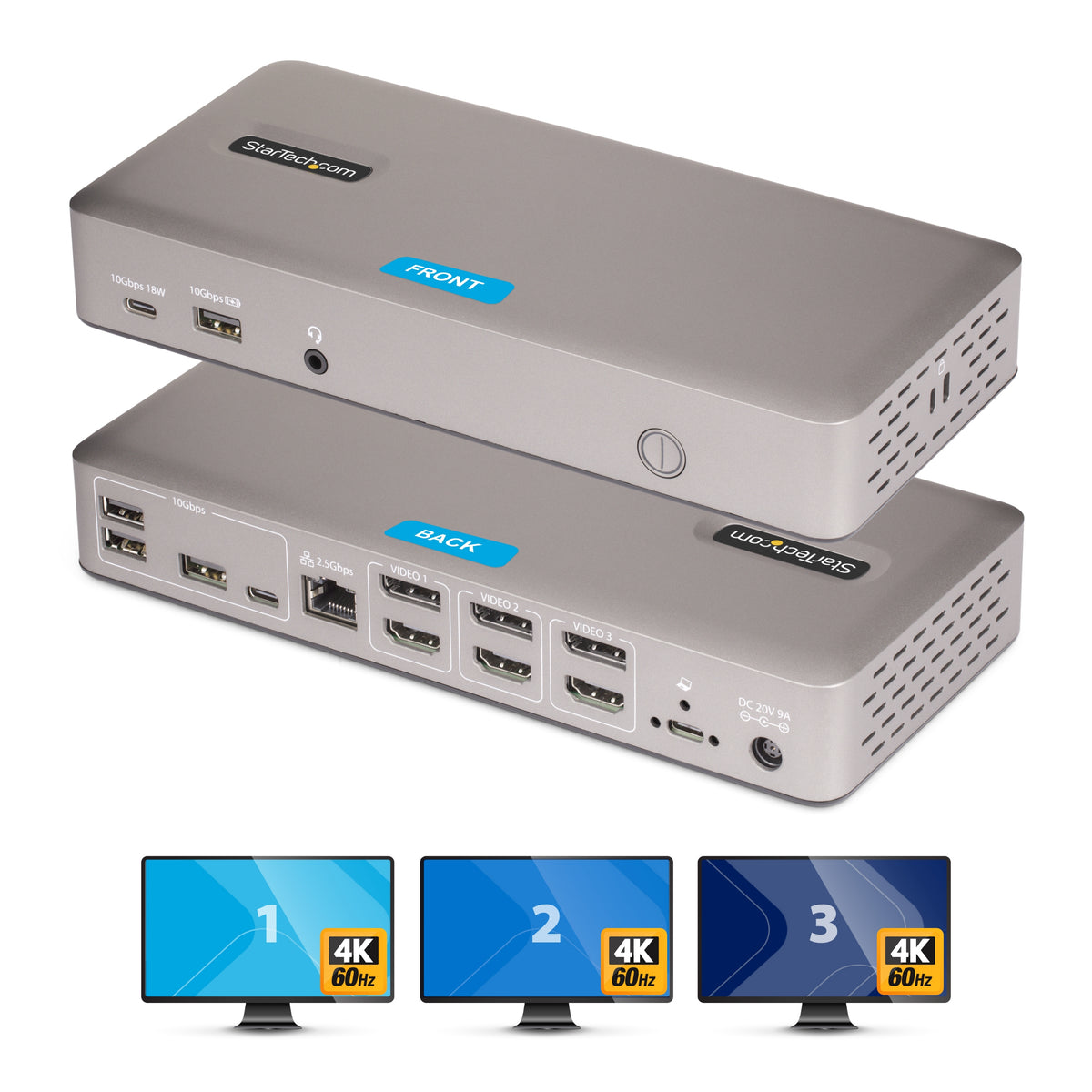 StarTech.com USB-C-Dockingstation(USB4), Dreifach 4K60Hz-Monitore DisplayPort oder HDMI, 100W Laptop-Ladung, 2,5GbE, Notebook Dock, Thunderbolt 4, Nicht für macOS, Treiberlos