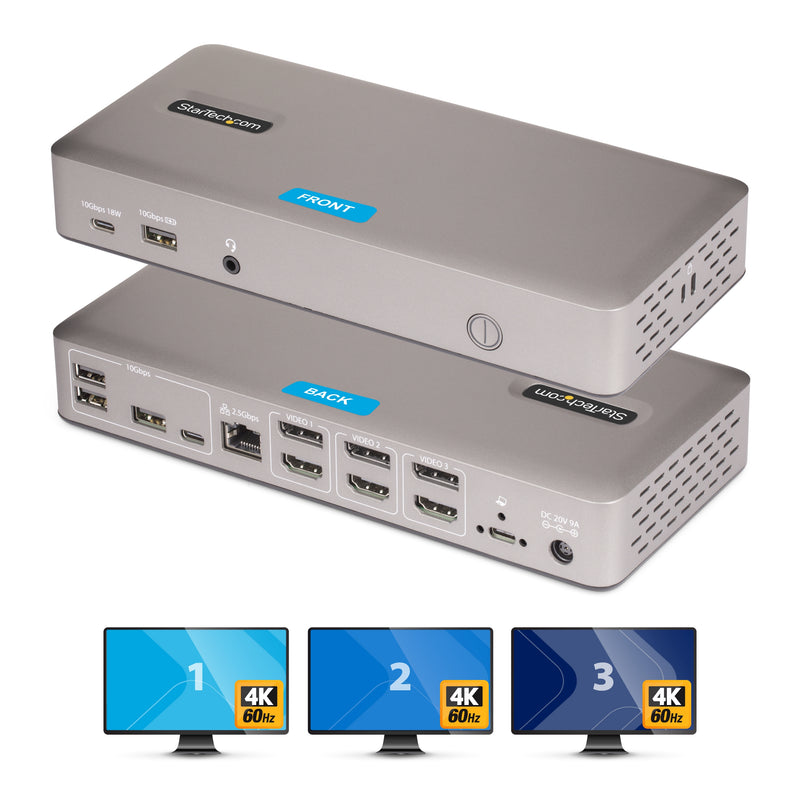 StarTech.com USB-C-Dockingstation(USB4), Dreifach 4K60Hz-Monitore DisplayPort oder HDMI, 100W Laptop-Ladung, 2,5GbE, Notebook Dock, Thunderbolt 4, Nicht für macOS, Treiberlos