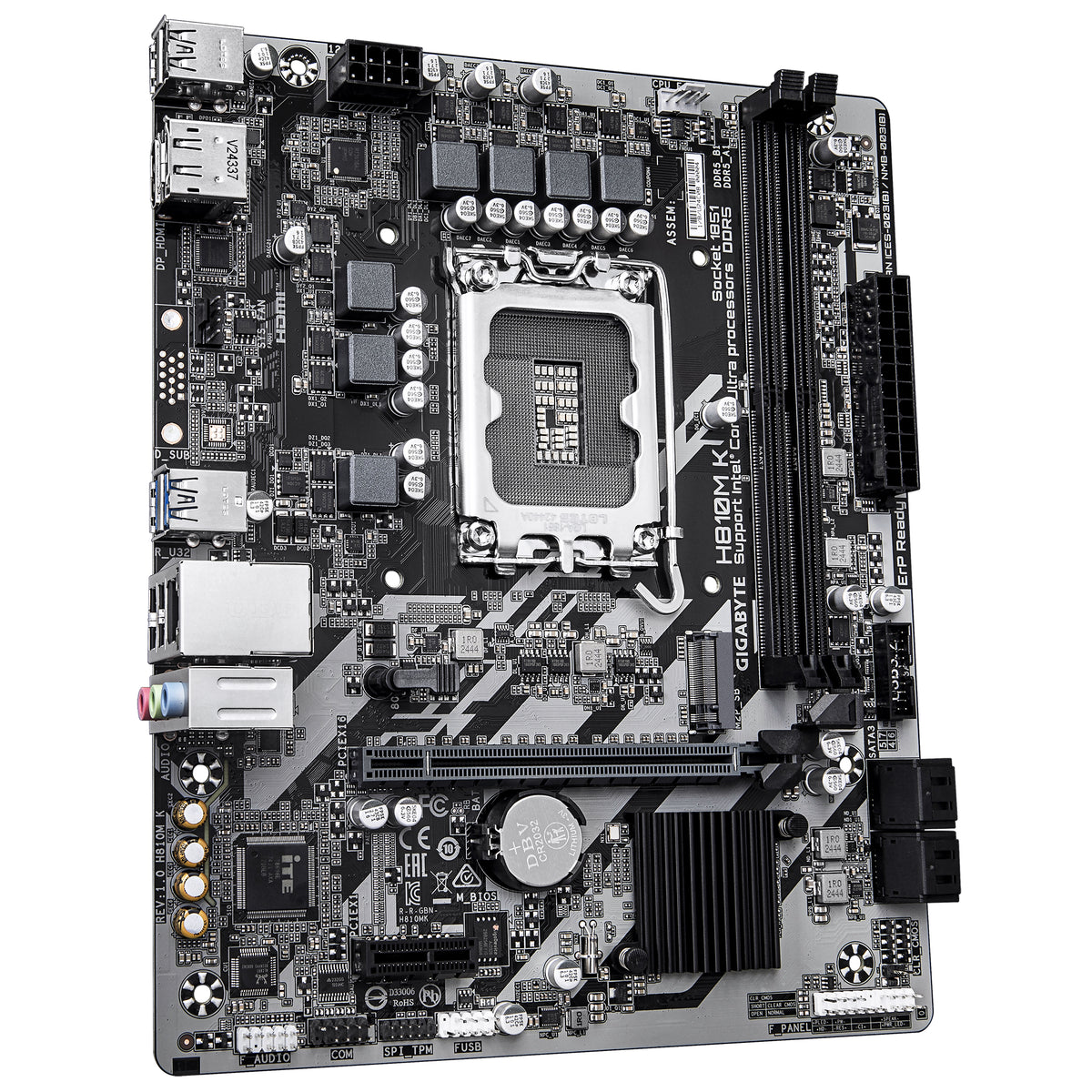 GIGABYTE H810M K Mainboard – Intel Core Ultra (Serie 2) Prozessoren, 3+1+2 Phasen VRM, bis zu 6400 MHz DDR5, 1 x M.2 PCIe 4.0, 1 GbE LAN, USB 3.2 Gen 1