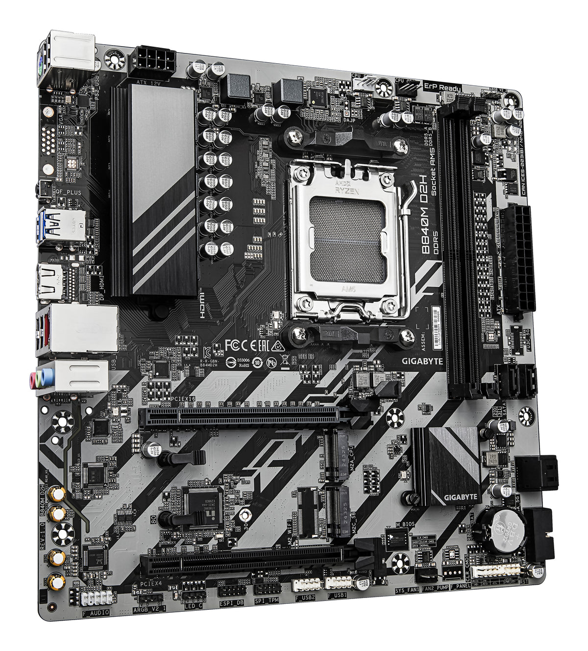 GIGABYTE B840M D2H Mainboard – AMD Ryzen 9000 CPUs, 5+2+2 Phasen VRM, bis zu 7600 MHz DDR5, 1xPCIe 4.0 + 1xPCIe 3.0 M.2, 2.5GbE LAN, USB 3.2 Gen 1