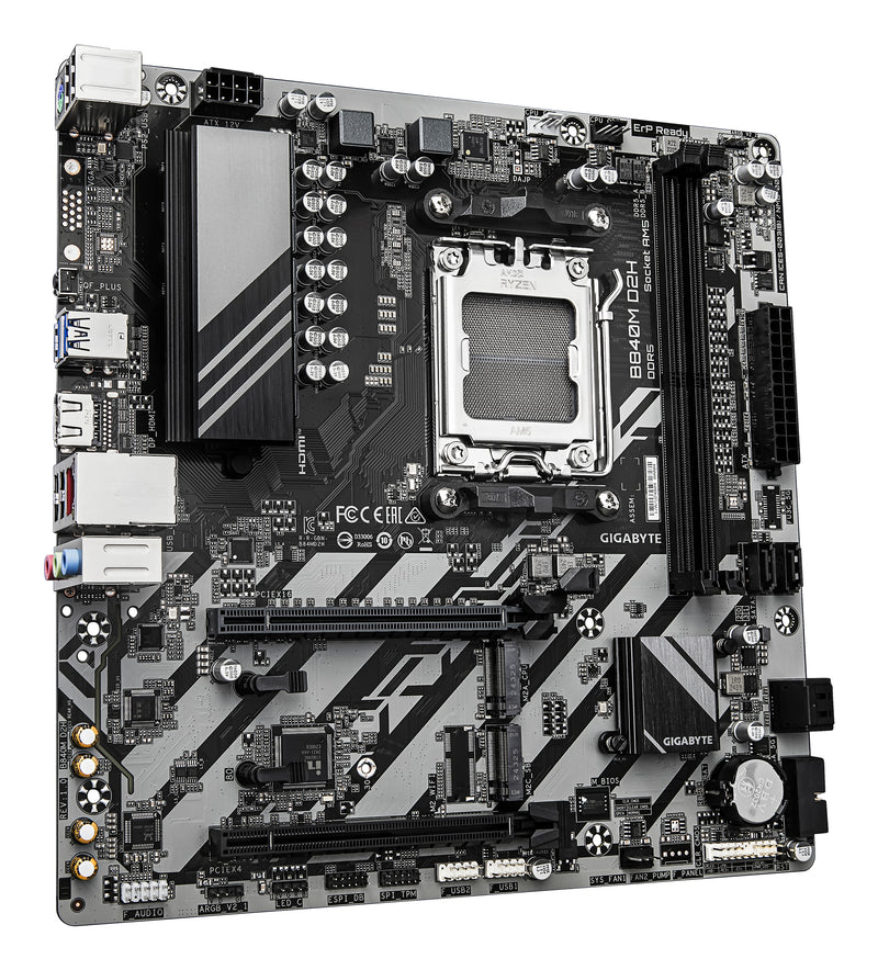 GIGABYTE B840M D2H Mainboard – AMD Ryzen 9000 CPUs, 5+2+2 Phasen VRM, bis zu 7600 MHz DDR5, 1xPCIe 4.0 + 1xPCIe 3.0 M.2, 2.5GbE LAN, USB 3.2 Gen 1