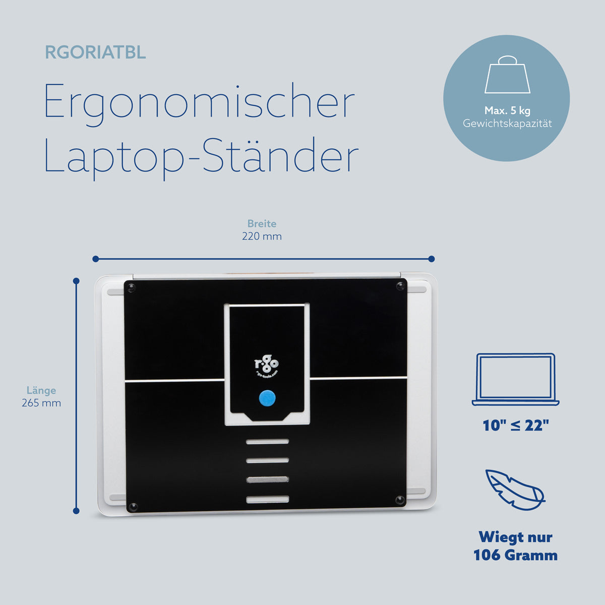 R-Go Tools Laptopständer R-Go Riser Attachable, verstellbar, integriert auf Ihrem Laptop, Aluminium, schwarz