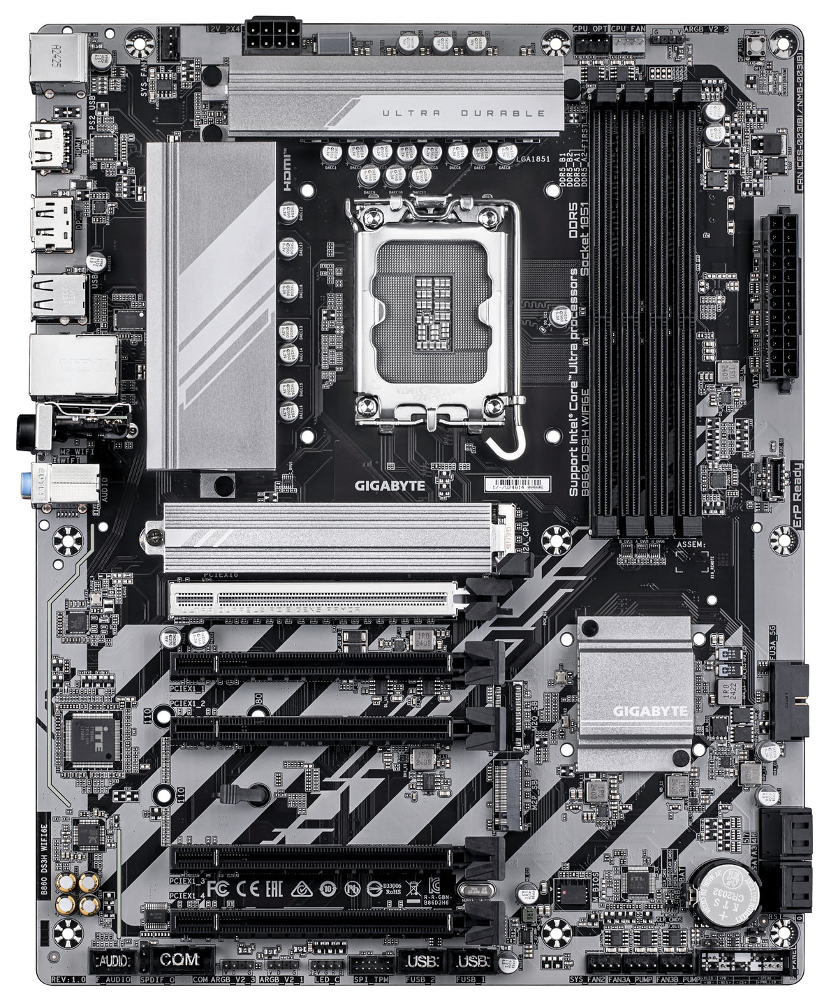 GIGABYTE B860 DS3H WIFI6E Mainboard - Intel Core Ultra CPUs, 8+1+2+2 Phasen VRM, bis zu 9066MHz DDR5, 1xPCIe 5.0 + 1xPCIe 4.0 M.2, 2,5 GbE LAN, WIFI 6E, USB 3.2 Gen 2x2