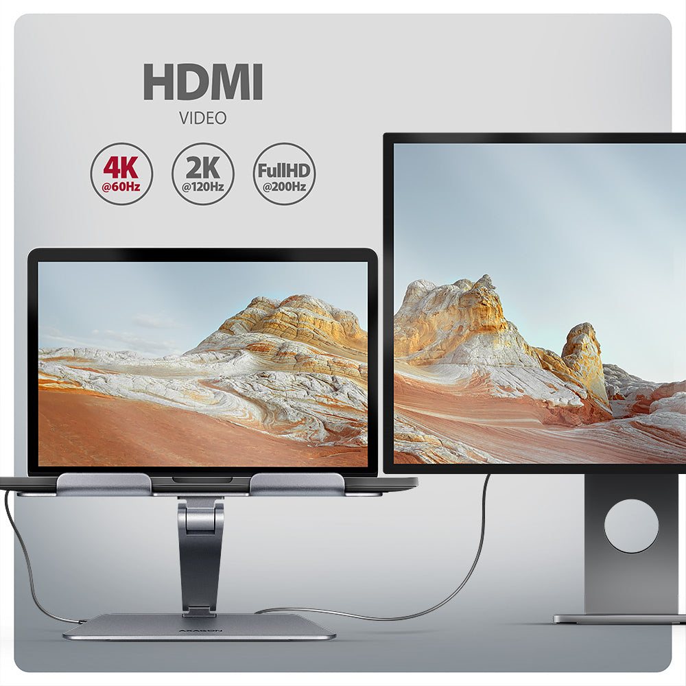 Axagon HMC-STND Multiport USB-C 5Gbps Hub und Aluminiumständer für Laptops. HDMI 4k/60Hz, GLAN, PD und 3 USB-A-Anschlüsse. Kabel USB-C 60 cm.