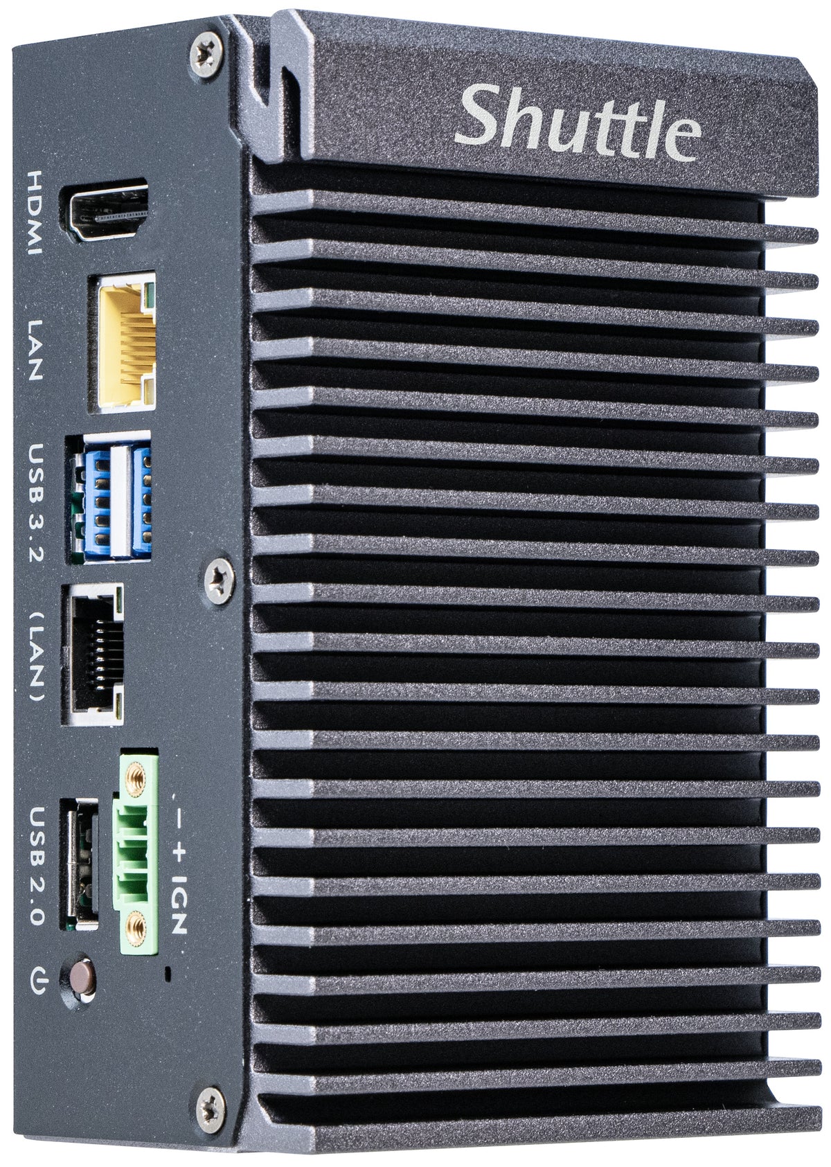 Shuttle Edge PC SPCEL03 , Intel Atom x6413E, 1x HDMI, 2x 2.5G LAN, 1x COM, DIO (4x in, 4x out), 3x USB, 2x M.2, 12-24V, 24/7 Dauerbetrieb, lüfterlos, -20...60°C, inkl. VESA & DIN-RAIL mount