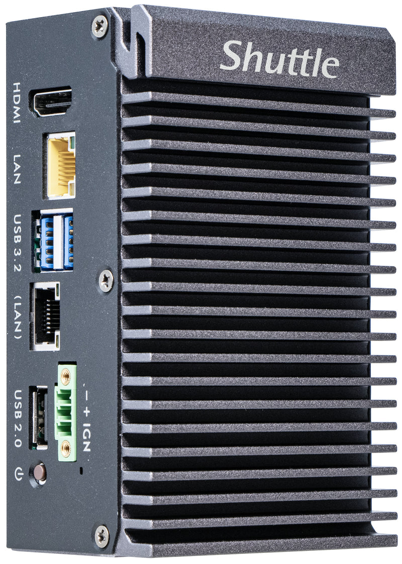 Shuttle Edge PC SPCEL03 , Intel Atom x6413E, 1x HDMI, 2x 2.5G LAN, 1x COM, DIO (4x in, 4x out), 3x USB, 2x M.2, 12-24V, 24/7 Dauerbetrieb, lüfterlos, -20...60°C, inkl. VESA & DIN-RAIL mount