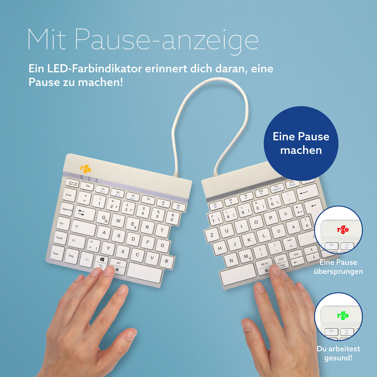 R-Go Tools Ergonomische Tastatur R-Go Split Break mit Pausensoftware, ergonomische geteilte Tastatur, QWERTZ (DE), kabellos, weiß