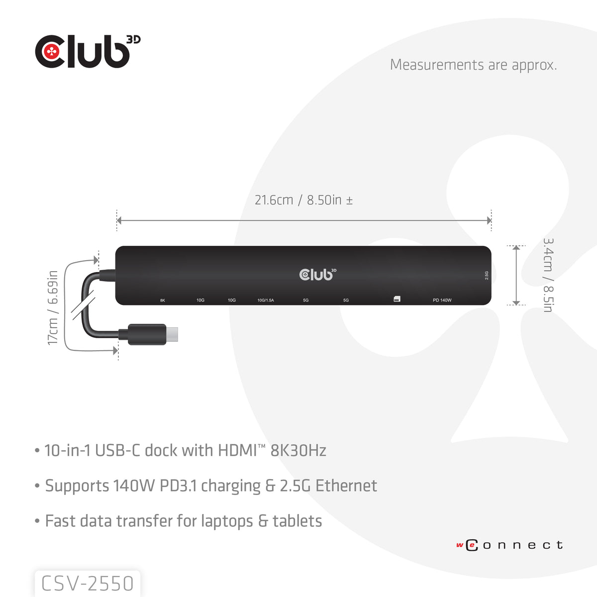 CLUB3D CSV-2550 laptop-dockingstation & portreplikator Kabelgebunden USB Typ-C Schwarz
