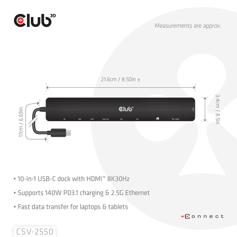 CLUB3D CSV-2550 laptop-dockingstation & portreplikator Kabelgebunden USB Typ-C Schwarz