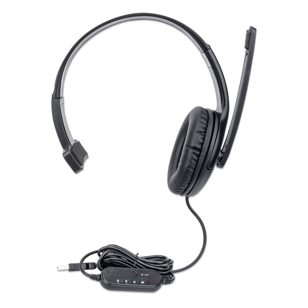 Manhattan Mono USB Headset, Over-Ear Design, Single-Ear Cup, Wired, USB-A Plug, Integrated Volume Control, Adjustable Microphone, Black