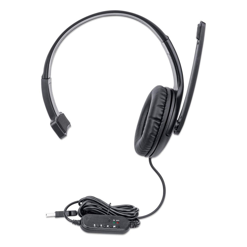 Manhattan Mono USB-Headset, Ohrumschließendes Design (Over-Ear), Ohrmuschel einseitig, kabelgebunden, USB-A-Stecker, integrierte Lautstärkeregelung, verstellbares Mikrofon, schwarz