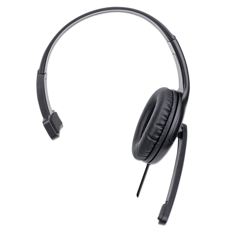 Manhattan Mono USB-Headset, Ohrumschließendes Design (Over-Ear), Ohrmuschel einseitig, kabelgebunden, USB-A-Stecker, integrierte Lautstärkeregelung, verstellbares Mikrofon, schwarz