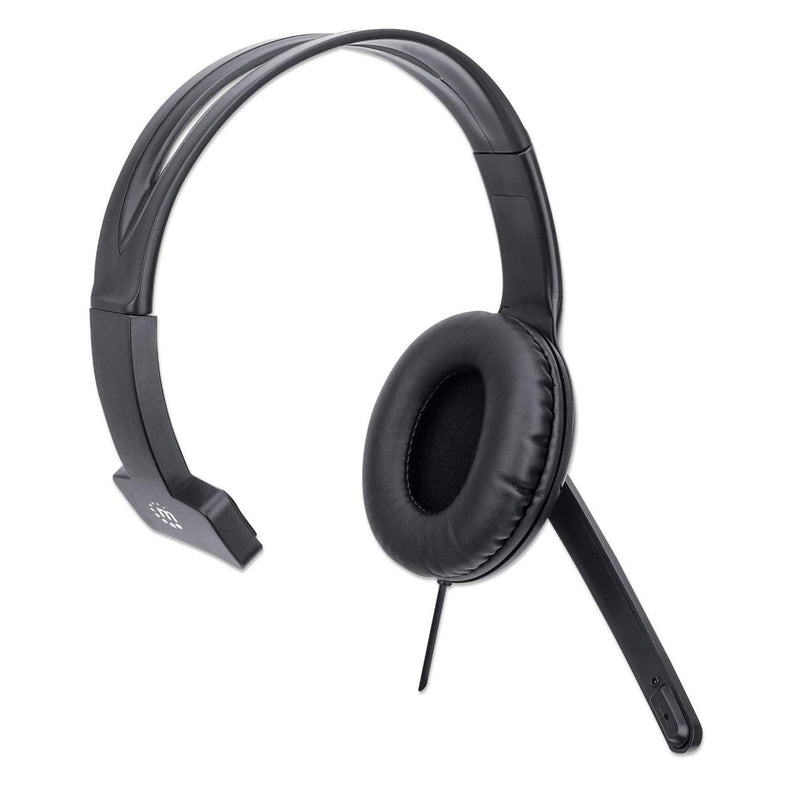 Manhattan Mono USB-Headset, Ohrumschließendes Design (Over-Ear), Ohrmuschel einseitig, kabelgebunden, USB-A-Stecker, integrierte Lautstärkeregelung, verstellbares Mikrofon, schwarz