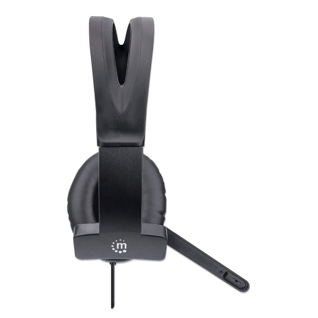 Manhattan Mono USB Headset, Over-Ear Design, Single-Ear Cup, Wired, USB-A Plug, Integrated Volume Control, Adjustable Microphone, Black