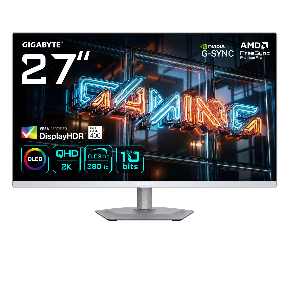 GIGABYTE MO27Q2A ICE 27” OLED 2K QHD Gaming-Monitor - 2560 x 1440, 280Hz, 0.03ms, 250 cd/m², FreeSync Premium Pro, DisplayHDR True Black 400, HDMI 2.1, DisplayPort 1.4