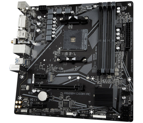 GIGABYTE A520M DS3H AC Mainboard - AMD Ryzen 5000 Serie CPUs, 5+3 Phasen VRM, bis zu 4733 MHz DDR5 (OC), 1xPCIe 3.0 M.2, GbE LAN, WIFI 5, USB 3.2 Gen 1