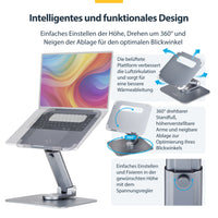 StarTech.com Ergonomischer Höhenverstellbarer Laptopständer, Dreh-Neigbarer Computerständer, Tragbare Laptophalterung-Notebookständer, bis 5kg, Aluminium Konstruktion